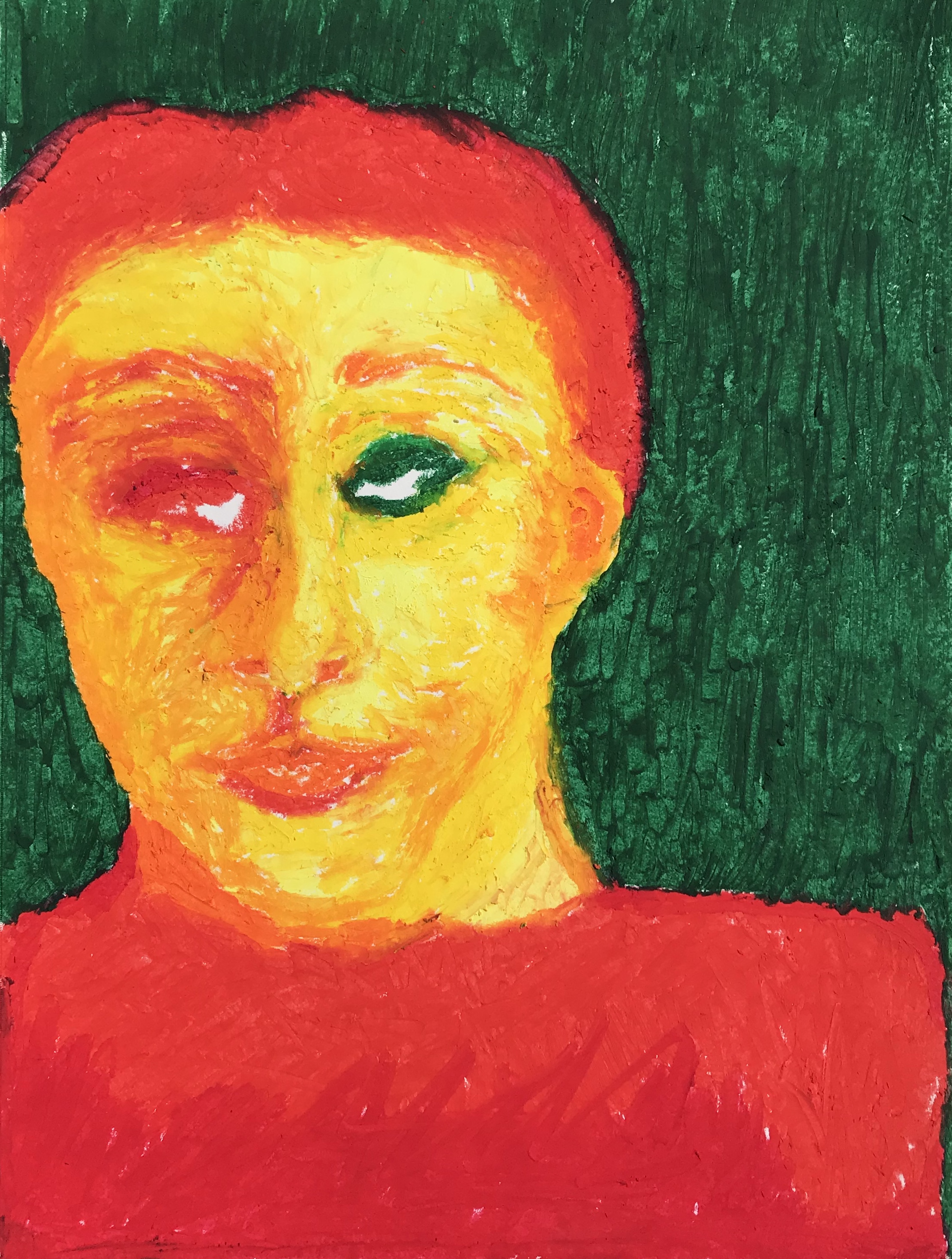 An oil pastel painting of a person, who could be a man or woman.